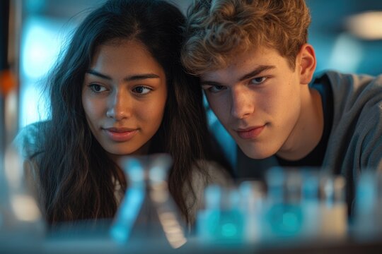 Diverse young students focused on experiments in a lab, observing beakers with glowing blue liquid, embodying scientific curiosity and learning. - Powered by Adobe