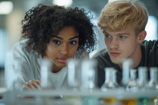 Two diverse students intently observe beakers filled with liquids in a science laboratory, engaged in a focused experiment or study. - Powered by Adobe
