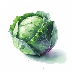 Fototapeta premium Watercolor painting of a green cabbage with detailed leaves on a white background