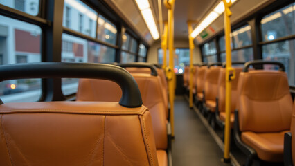 Fototapeta premium Empty bus interior with comfortable leather seats, warm lighting, and modern design creates serene atmosphere for passengers