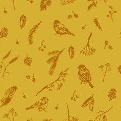 Hand drawn birds seamless pattern in yellow and gold. Bullfinch, sparrow, tit, berries, cone, seeds and branches. For winter holidays design, christmas background.