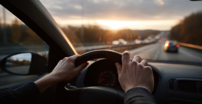 Hands steering wheel driving car sunset highway interior dashboard road trip blurred traffic two hands wheel evening commute motion blur open road male hands steering wheel grip travel