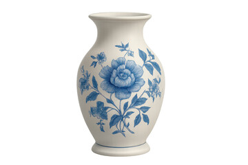 Porcelain vase depicting traditional blue and white chinoiserie floral pattern isolated with transparent background