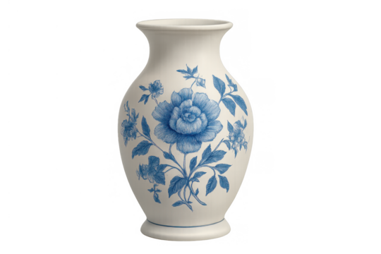 Porcelain vase depicting traditional blue and white chinoiserie floral pattern isolated with transparent background
