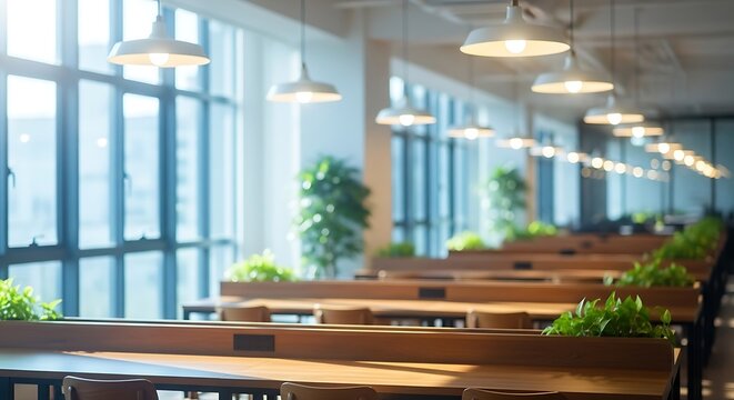 Modern office space with rows of tables and natural light, ideal for coworking and productivity