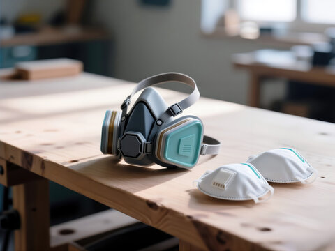 Reusable half-face respirator and disposable masks on wooden workbench in workshop.