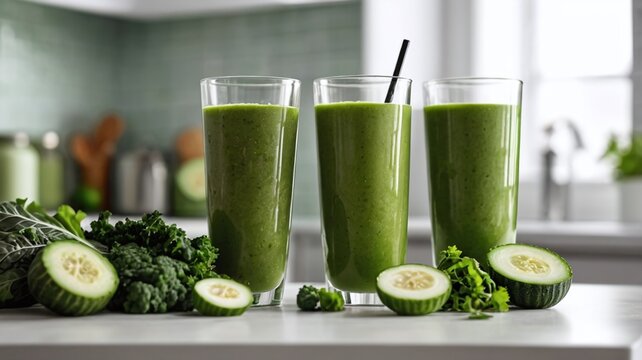 Enjoy vibrant green smoothies with kale and cucumber for a healthy lifestyle, perfect for boosting your energy and wellness, a delicious detox drink - Powered by Adobe