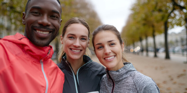 Three diverse young adults smiling and taking a selfie outdoors in a park with autumn trees and blurred background