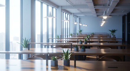Minimalist office workspace with long wooden tables, plants, and abundant daylight from large windows