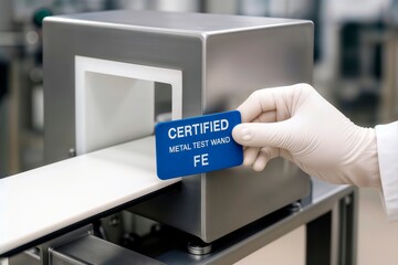 Gloved hand holding a certified metal test wand for a conveyor belt metal detector.