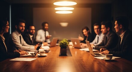 A diverse group of professionals collaborating around a boardroom table, engaged in a meeting with laptops and documents, fostering an atmosphere of teamwork and strategic discussion