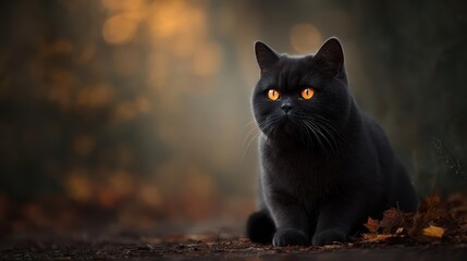 Black cat with bright orange eyes sitting among autumn leaves in a blurred forest background
