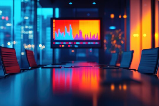 A modern, futuristic conference room at night, featuring a vibrant data visualization screen reflecting dynamic analytics on a sleek table. - Powered by Adobe