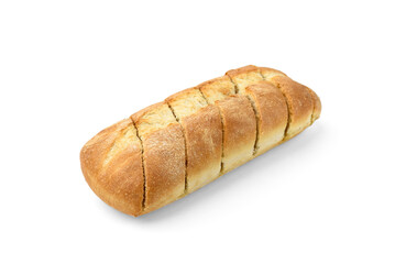 Sliced baguette with garlic isolated on white background.