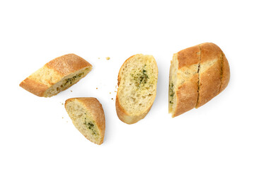 Sliced baguette with garlic isolated on white background.