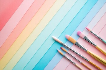 Vibrant pastel paper gradient background with a collection of art brushes, showcasing creativity, color palette, and artistic expression.