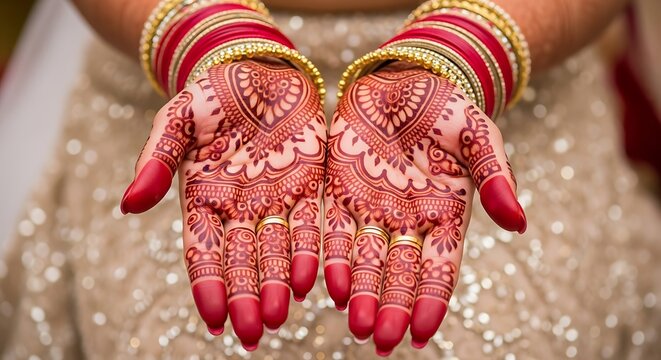 Intricately designed henna mehndi on bride s hands adorned with traditional bangles during wedding ceremony
