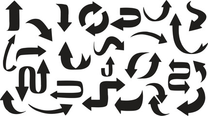 Collection of diverse black arrow icons with curved, straight, and looping directions for navigation, infographic elements, and graphic design use in modern layouts.