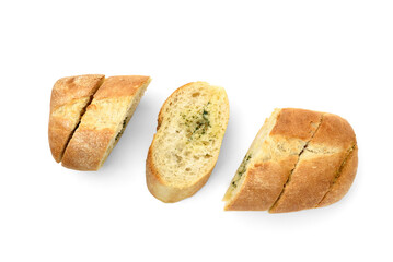 Sliced baguette with garlic isolated on white background.