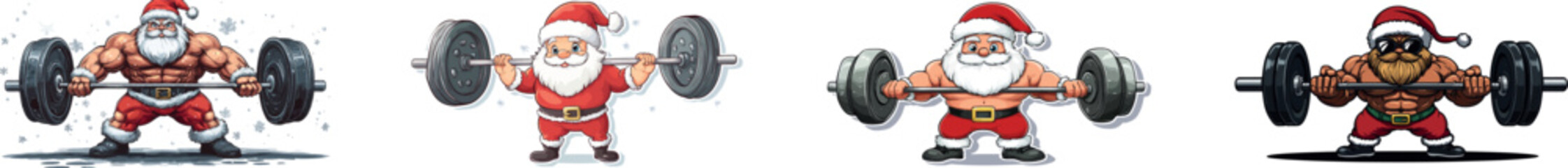 In this modern clip art illustration, a strong Santa Claus is shown lifting weights, with simple gradients used throughout and the head and body placed on separate layers