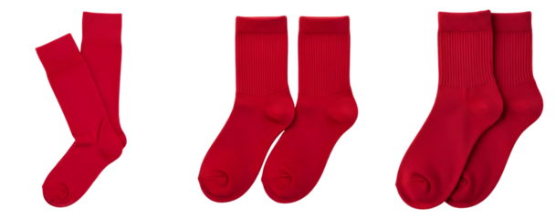 Red Socks Variety Pack PNG. Collection of various white sock styles including crew and ankle, isolated for diverse apparel and fashion projects isolated. Red sock top view flat lay PNG