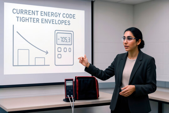 Professional woman presenting energy code data at a building science seminar.