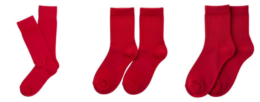 Red Socks Variety Pack PNG. Collection of various white sock styles including crew and ankle, isolated for diverse apparel and fashion projects isolated. Red sock top view flat lay PNG