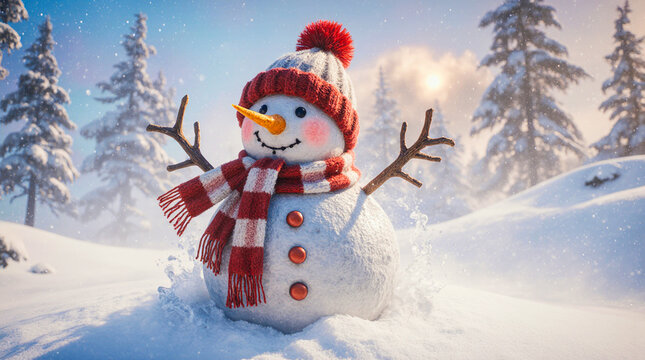 Joyful snowman in a snowy winter forest with warm sunlight