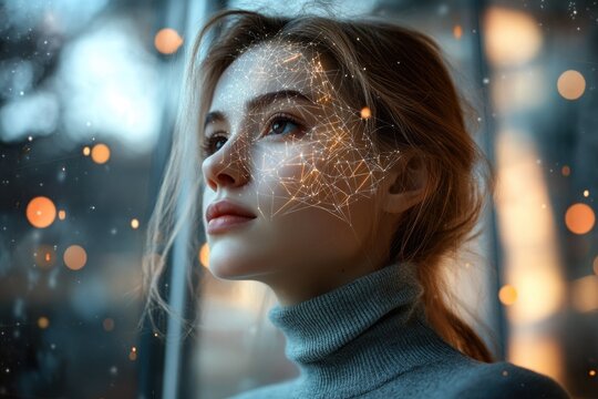 A woman with glowing neural network overlay on her face, symbolizing AI, thought, and future technology in a dreamy setting. - Powered by Adobe