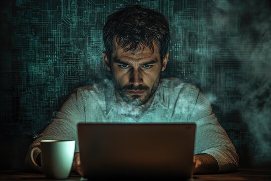 Intense man focused on his laptop screen in a dark room with a glowing circuit board background, deep in thought or coding.