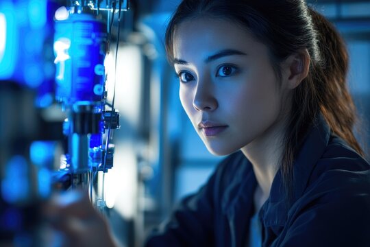 Focused young woman working with advanced glowing blue technology in a laboratory setting, symbolizing scientific innovation and detailed research.
