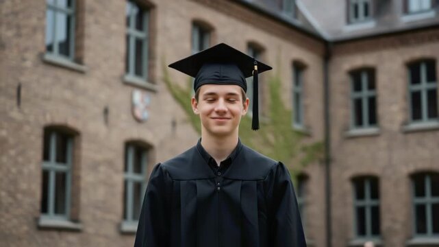 Portrait of a calm Caucasian male graduate wearing a black graduation cap and gown in front of a brick university building.   