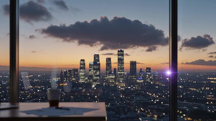 Steaming coffee cup on desk with laptop displaying financial charts overlooks vibrant city skyline at dusk, symbolizing ambition and productive work - Powered by Adobe