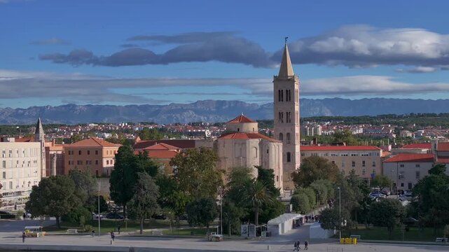 Zadar Old Town, Aerial view of St. Donatus Church. Vibrant coastal city with red roofs and the Adriatic sea in Croatia.