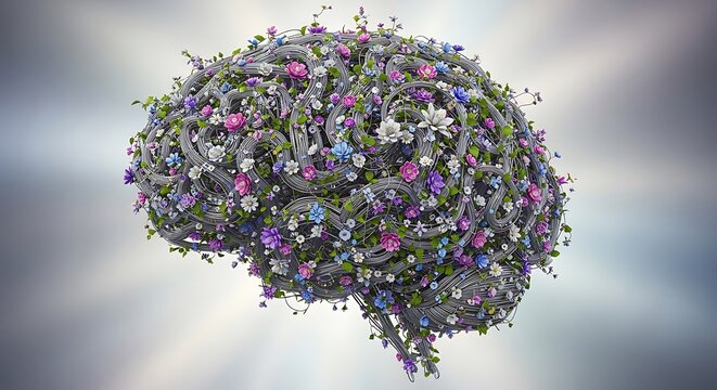Abstract 3d rendering of a human brain formed entirely from a dense collection of colorful flowers and plants