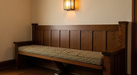 Wooden bench with a patterned cushion in an arts and crafts style entryway with a warm wall lamp