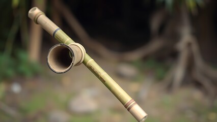 blowpipe. Bamboo blowpipe held in focus against blurred natural background, tribal aesthetic with natural materials. event programs.