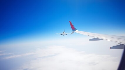 contrails. Passenger jet soaring through a clear blue sky with white contrails and soft clouds. mobility guides, transit brochures, designed for mobility and urban transit guides.