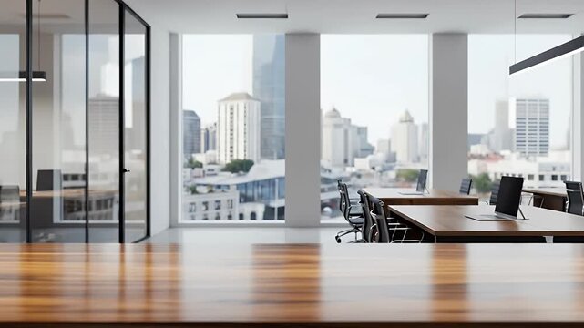 An empty wooden tabletop in the foreground serves as an ideal copy space against the blurred background of a modern, high-rise office. Sunlight streams through large windows, illuminating an open-plan