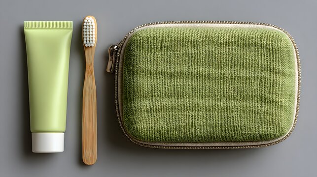 Minimalist flat lay shows a toothbrush, toothpaste, and a sleek travel case in a soothing green and white color palette on a light background.