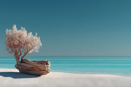Tranquil Seascape with Driftwood and Tree on Serene Beach - Powered by Adobe