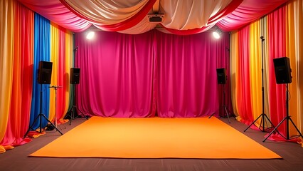 photobooth. Photobooth with colorful backdrop and soft diffused lighting in a simple party setting. lifestyle magazines, social media lookbooks, designed for influencer and brand collaborations.