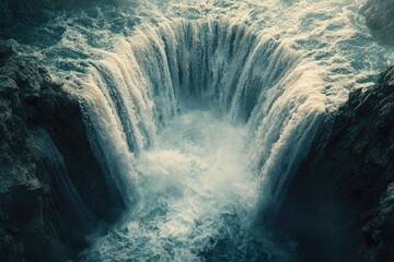 A powerful waterfall plunges into a circular abyss, creating a mesmerizing vortex of white water and dark rock. Nature's raw force on display.