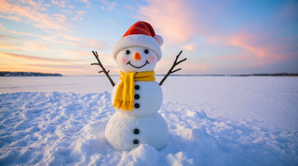 Obraz premium Joyful snowman wearing a santa hat and yellow scarf in a winter landscape