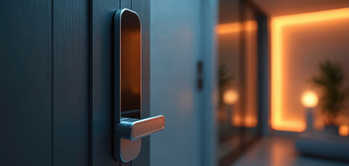 Smart door lock installed on modern design dark wood door. Electronic access system provides home security. Wireless digital tech for smart house. Modern door handle on security entrance.