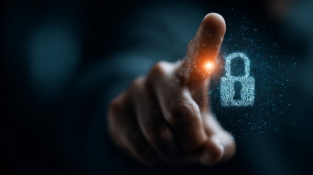 Finger touching glowing padlock icon, symbolizing digital security.