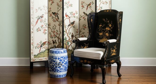 Elegant chinoiserie style interior with a black lacquer armchair and a painted folding screen