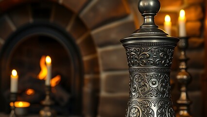flagon. A medieval silver wine flagon with intricate carvings, illuminated by candlelight against a stone fireplace. bar promotions.