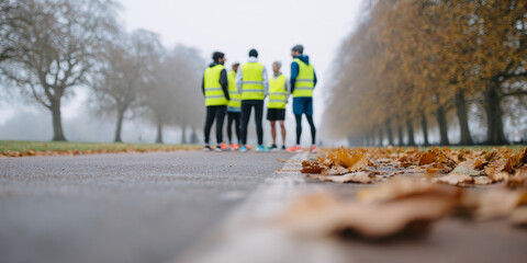 Group of runners wearing reflective vests standing on a foggy autumn park path surrounded by fallen leaves and bare trees