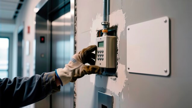 Technician installing wall-mounted security access control keypad by an elevator.